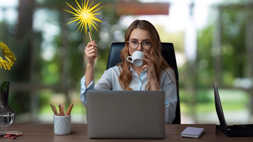woman sat at a desik in front of a laptop, drinking coffee and waving a magic wand