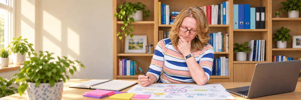 Sheridan Webb developing a training workshop using a hand-drawn mind map
